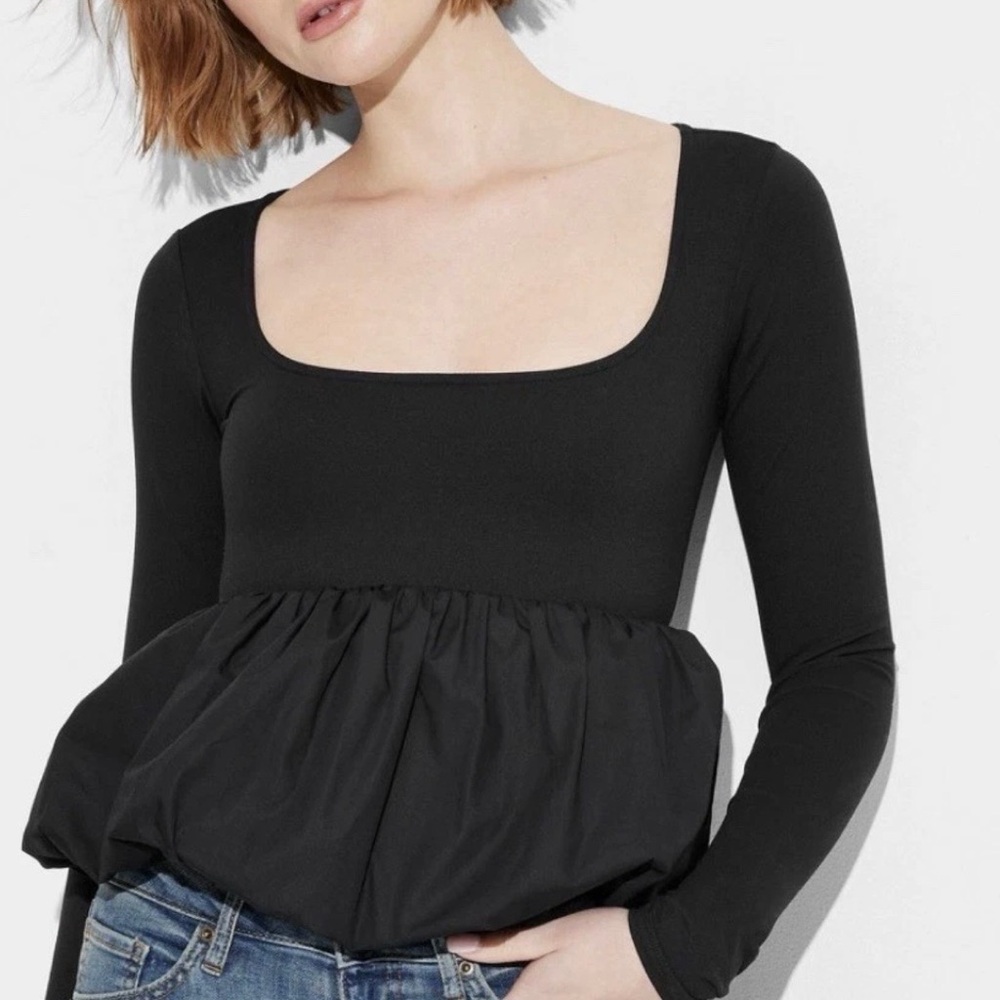 Wild Fable Women's Black New Long Sleeve Square Neck Bubble Top‎